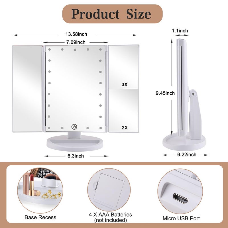 Infitrans Trifold Makeup Mirror Vanity Mirror with Lights,1X 2X 3X Magnification,Touch Control,Adjustable Rotation,Dual Power Supply,Portable Travel Cosmetic Mirror,Birthday Gifts for Women,Teengirls - Image 2